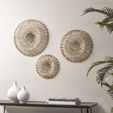 ZUN Round Natural Fiber and Mirror 3-piece Wall Decor Set B03598788