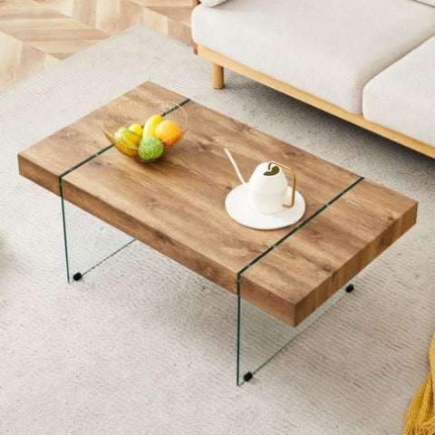 ZUN 43.3"x23.6" Wood colored texture sticker MDF Coffee Table with Tempered glass legs.Suitable for W1151P209568