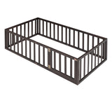 Twin Size Wood Floor Bed Frame with Fence and Door, Walnut WF299299AAL