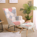 ZUN Rocking Chair with ottoman, Mid Century Fabric Rocker Chair with Wood Legs and Patchwork Linen for W561P175989