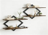 Black Rustic Brown 2Tier Floating Wall Set of 2, Diamond Metal Frame Wall Mounted Storage 16827488