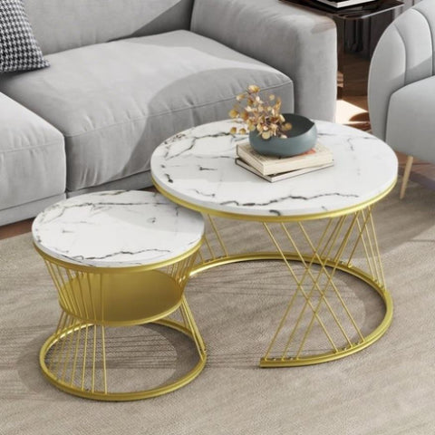 ZUN ON-TREND Φ27.5'' & Φ17.7'' Nesting Coffee Table with Marble Grain Table Top, Golden WF320405AAK