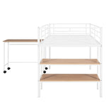 ZUN Twin Size Metal Loft Bed with Desk and Shelves,White MF292498AAK