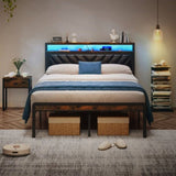 Full Size Metal Platform Bed Frame with Adjustable Upholstered Headboard, Charging Station, LED W1903P195321