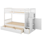 ZUN Twin over Full/Twin Bunk Bed, Convertible Bottom Bed, Storage Shelves and Drawers, White 05530338