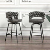 28" Technical Leather Woven Bar Stool Set of 2,Black legs Barstools No Adjustable Kitchen Island W2189131686