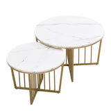 ZUN Modern Round Nesting Coffee Table Set 2-Piece White & Marbling Top Gold Base 38061972