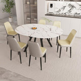 47-63" expandable circular dining tables , equipped with 6 PU fabric thick cushioned dining chairs 57696434