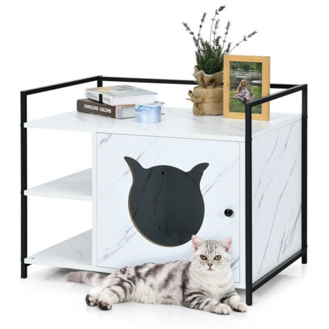 ZUN Wooden cat litter box, cat house with 2-level storage shelf living room end table 12657434