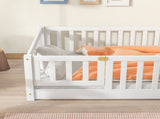 Twin Size Floor Bed with Fence and Door,Rubber Wood Floor Bed with Safety Guardrails,White W504P296777