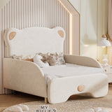 Twin XL Size Upholstered Stretchable Vaulted Sofa Bed, Bear Shaped Headboard, Beige N709P182128A