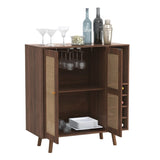 ZUN Bohemian Bar Cabinet, Natural Rattan Doors, Removable Wine Rack in Walnut B064P191193