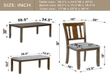 6 Piece Kitchen Set, Rectangular Wooden Table with 4 Upholstered Chairs and a Bench, 74652059