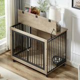ZUN Furniture Style Dog Crate Side Table With Rotatable Feeding Bowl, Wheels, Three Doors, Flip-Up Top 50861371