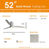 52 Inch 18W LED Ceiling Fan With Dimmable 6 Speed Remote Silver 3 Solid Wood Blade Reversible DC W93494503