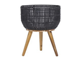 Black Round Resin Planter & Stand Set with Wood Legs 73753868