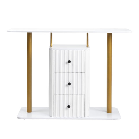 ZUN Modern Console Table with 3 Drawers, Faux Marble Veneer Entryway Table, Metal Frame Narrow Sofa 82846388