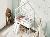 Twin Low Loft House Bed with Slide, Ladder, Safety Guardrails, House Roof Frame,White W504P145316