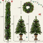 ZUN Pre-lit Xmas Tree Artificial Christmas 4-Piece Set,Garland, Wreath and Set of 2 3FT Entrance Trees PX307762AAF