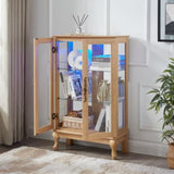 Elegant Light Oak Curio Cabinet with Tempered Glass Doors, LED Light, Mirrored Back Panel & W1758P290028