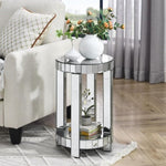 ZUN Mirror round table with crystal inlay, 2-layer modern small sofa table with storage space, silver W1005P189336