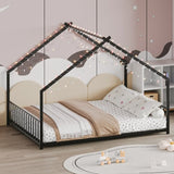 Full size children's bed frame with LED light strips, roof-shaped iron frame bed, Black,78.5" L x 17173656