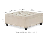 Large square storage ottoman with wooden legs, Upholstered button tufted coffee table with nail W2186142955