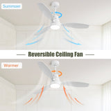 ZUN 52 Inch Wooden Ceiling Fan White 3 Solid Wood Blades Remote Control Reversible DC Motor With Led 95681271