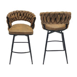 28" Technical Leather Woven Bar Stool Set of 2,Black legs Barstools No Adjustable Kitchen Island 97030525