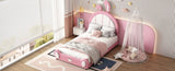 ZUN Twin Size Upholstered Platform Bed with Rabbit Shaped Headboard, Pink WF323763AAH