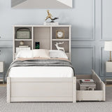 ZUN Modern Twin Size Bed Frame With Built-in USB Port on Bookcase Headboard and 2 Drawers for White W697P152022