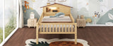 Twin Size Wood Platform Bed with House-shaped Headboard, LED and Built-in Storage, Natural N709P184429M
