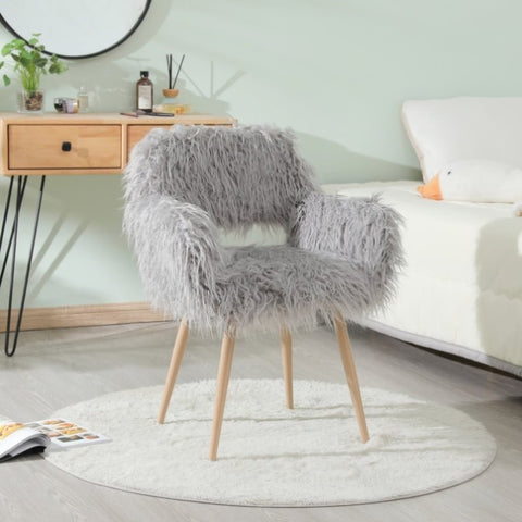 ZUN GREY Faux Fur Upholstered Make up chair Side Dining Chair with Metal Leg W2069P174780