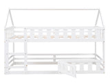 Twin over Twin House Bunk Bed with Fence and Door, White WF313047AAK
