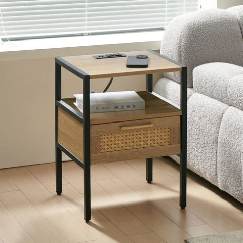 ZUN 15.75" Rattan End table with Power Outlet & USB Ports , Modern nightstand with drawer and metal W1265121767