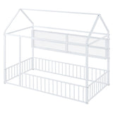 Twin Size Metal Bed House Bed Frame with Fence and Shelves, White N737P175360K