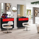 ZUN 15% E0 chipboard linen top 1 drawer 1 door with mirror Salon cabinet black and red 87943446