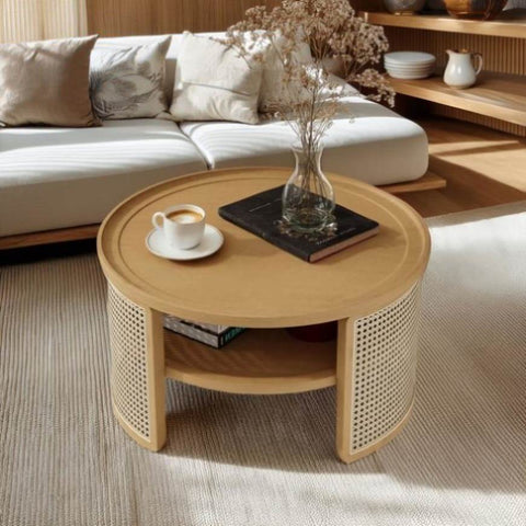 ZUN 2-Tiered Round Natural Wood Coffee Table with Storage Rattan Base in 31.3'' 46154233