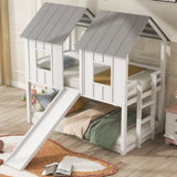 Twin over Twin House Bunk Bed with Slide and Windows,White 56897346