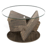 32" Grey Round Tempered Glass Coffee Table - Modern Style, 200LBS Capacity, Solid Rubberwood Base 26269779