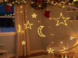 Warm yellow moon star curtain light with 148 LED solar curtain lights including 30519744