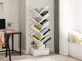 White Tree-Shaped Bookshelf, 10 Open Shelves & Foldable Fabric Drawer, Space-Saving Corner Design 35034916