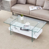 ZUN 43.3 Inch Modern Two-Tier Coffee Table - An Elegant Combination of Clear Glass and White Marble W2920P226070