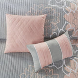 ZUN 6 Piece Printed Cotton Quilt Set with Throw Pillows Grey/Peach Full/Queen B03597570