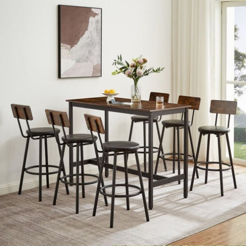 ZUN Pub High Dining Table 7 Piece Set, Industrial Style Pub Table, 6 PU Leather Bar Chairs for Kitchen 24369777