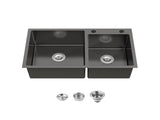 Stainless Steel Kitchen Sink, 32x19 Double Bowl in Black, Overmount Handmade Sink, with US 87676543