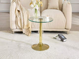 27.5-inch diameter round tempered glass coffee table. 17.7 inches high, supported by a golden metal W1151P439524