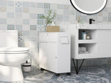 White Rolling Bathroom Storage Cabinet Toilet Paper Organizer with Sliding Doors & Adjustable 63470457