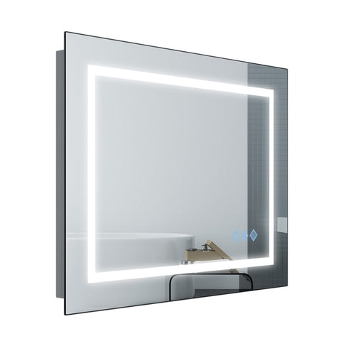 ZUN 32x24inch Glossy Brushed Silver 3000-6000K LED Bathroom Mirror With Lights,Anti-Fog Dimmable Lighted W2091126985