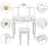 Children's Wooden Dressing Table Three-Sided Folding Mirror Dressing Table Chair Single Drawer White 07586825